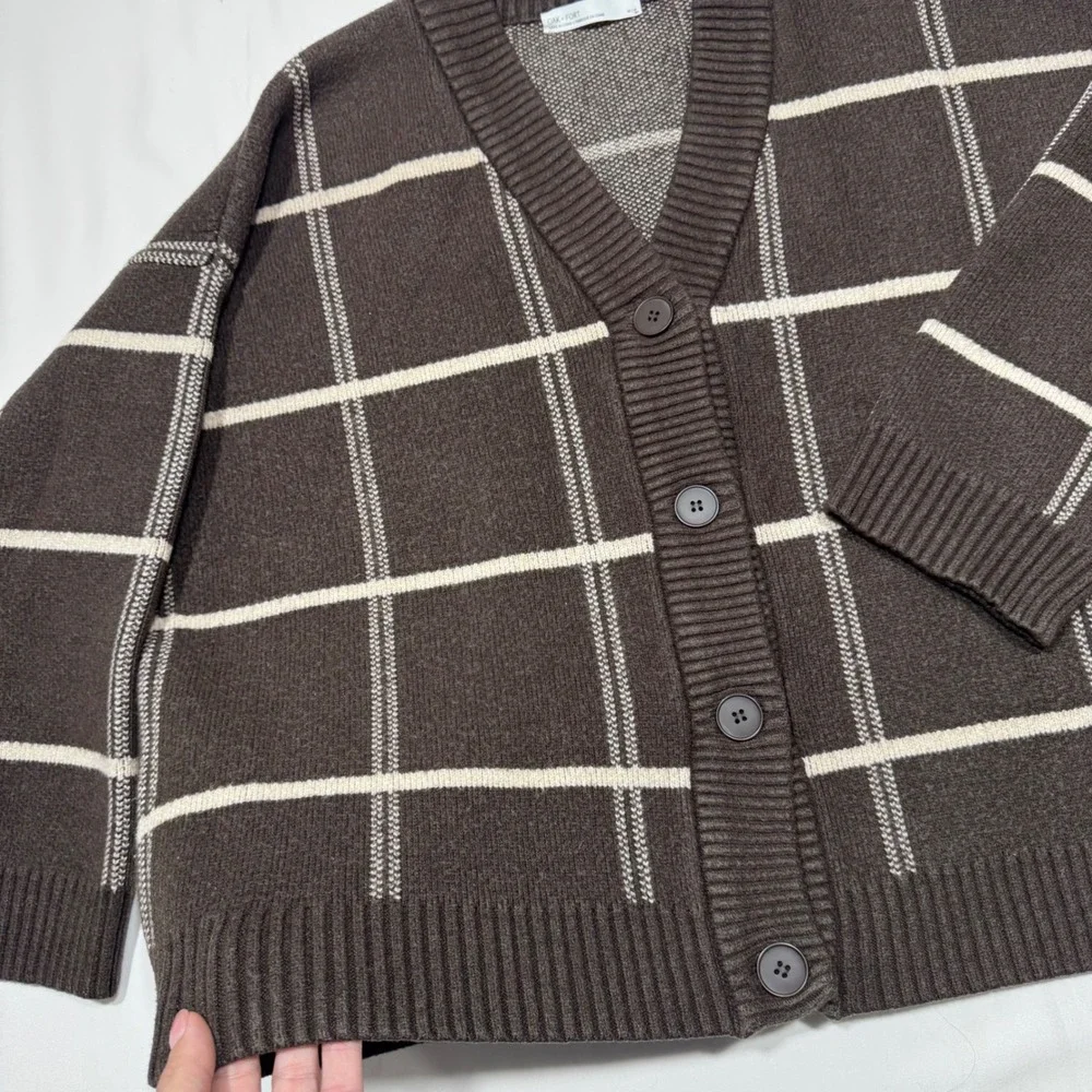 OAK + FORT Plaid Cardigan Brown Oversized M Dark Academia Minimalist Fall Office - Picture 5 of 10